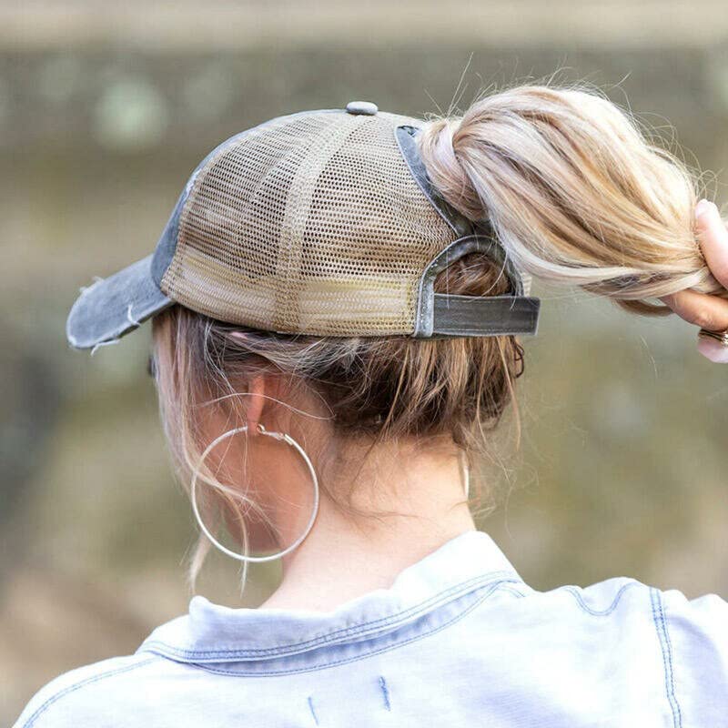 Eohak Distressed Ponytail Hats Baseball for Women Messy-Bun Pony Caps (Grey) - Image 2